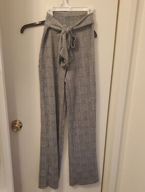 Windsor Black & White Plaid High-Rise Wide Leg Pants with Tie Belt